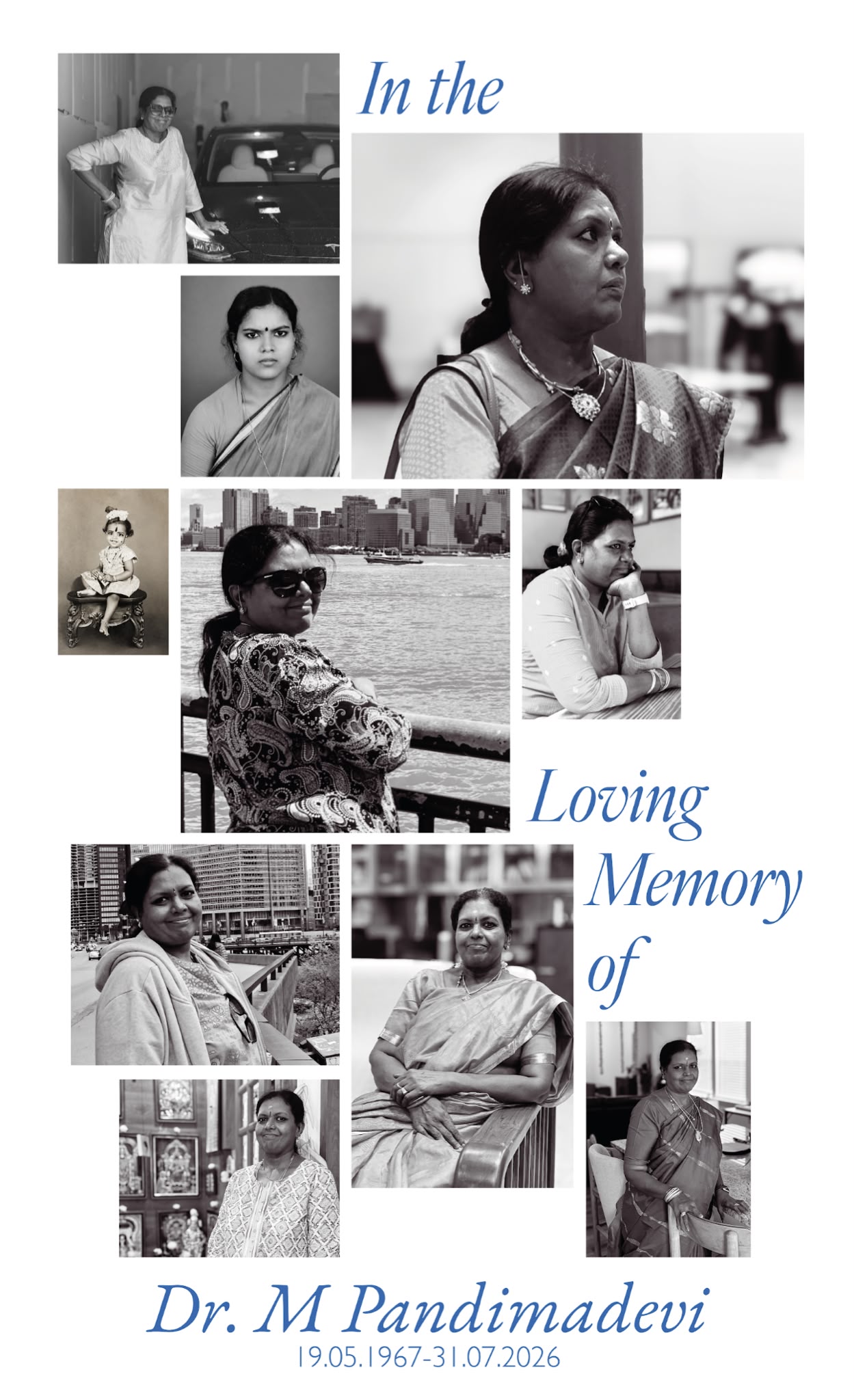 A collage of photographs of Amma across the years, from childhood to recent life