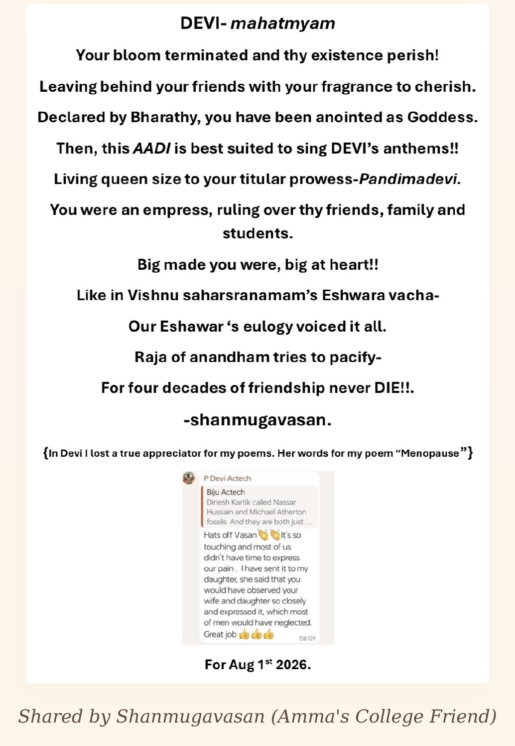 A poem titled Devi - Mahatmyam written by Shanmugavasan for Amma, with a screenshot of a friend's message about it, shared for Aug 1st 2026.